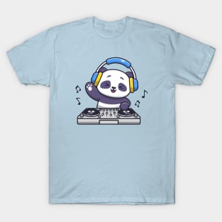 Cute Panda Playing DJ Electronic Music With Headphone Cartoon T-Shirt